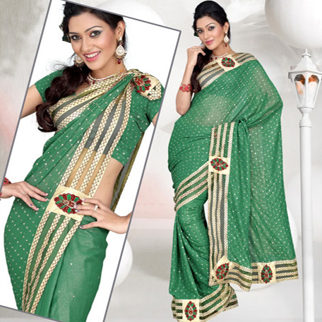 Leaf Green Faux Shimmer Georgette Saree With Blouse